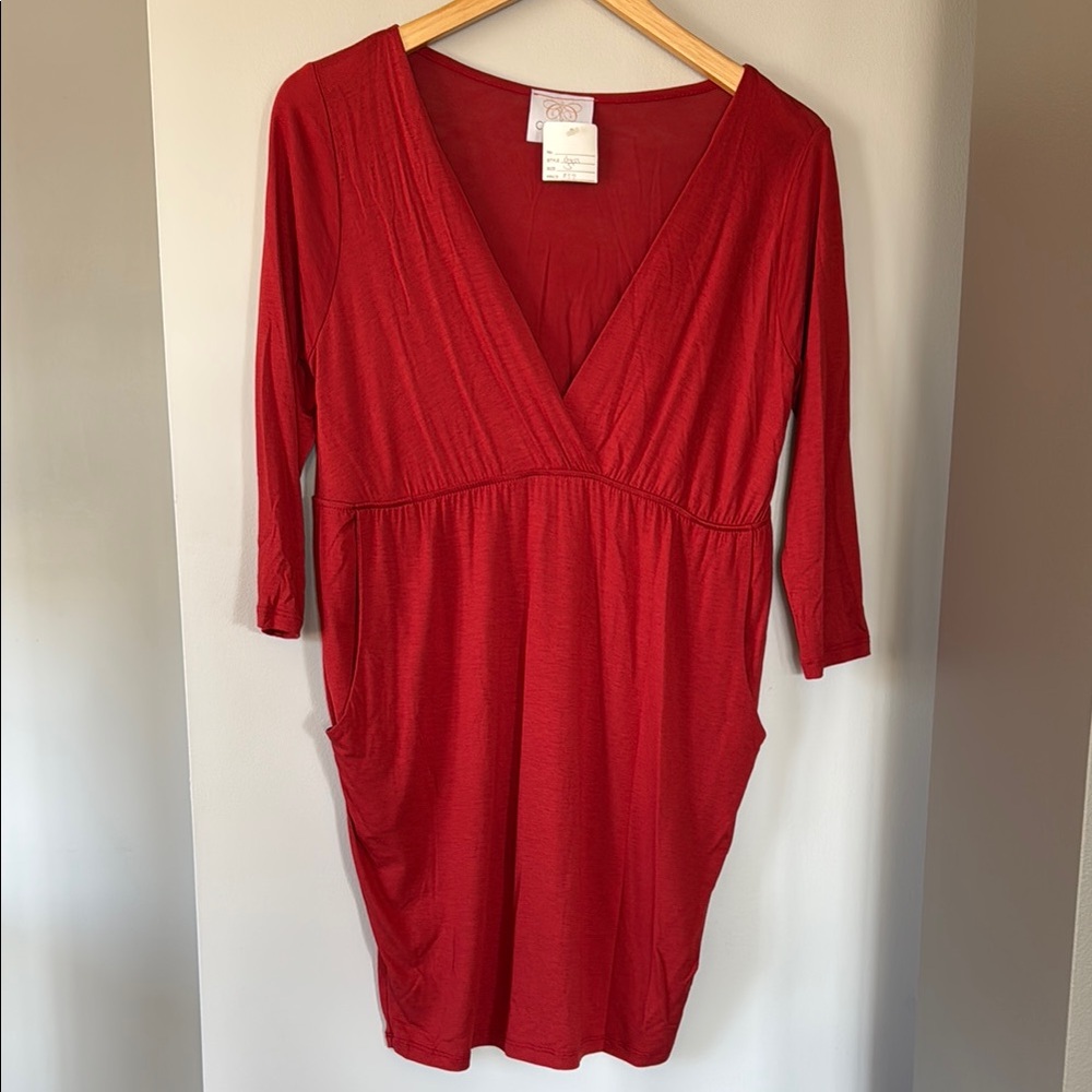 Orange Red V-Neck Three-Quarter Sleeve Dress